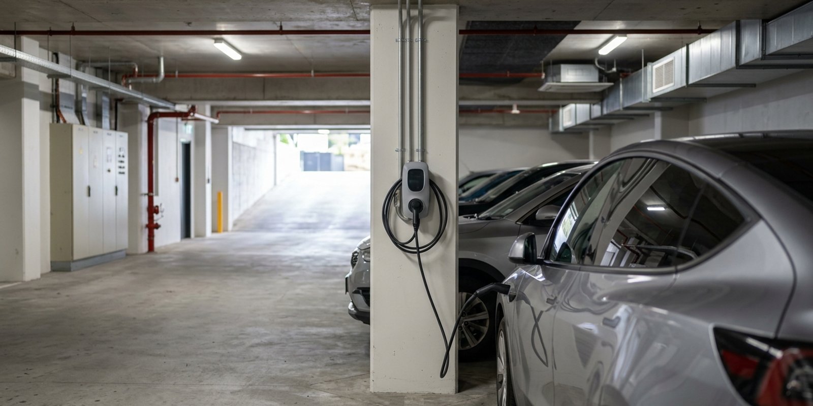 Electric vehicle plugged into a wall-mounted charger on a pillar inside a covered apartment basement car park