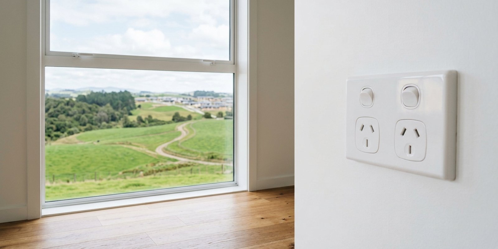 White double power point on a wall in an empty new home, beside a window overlooking rolling green farmland