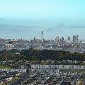 Scenic view of Auckland's skyline and suburban homes at dawn, showcasing the urban landscape and Sky Tower