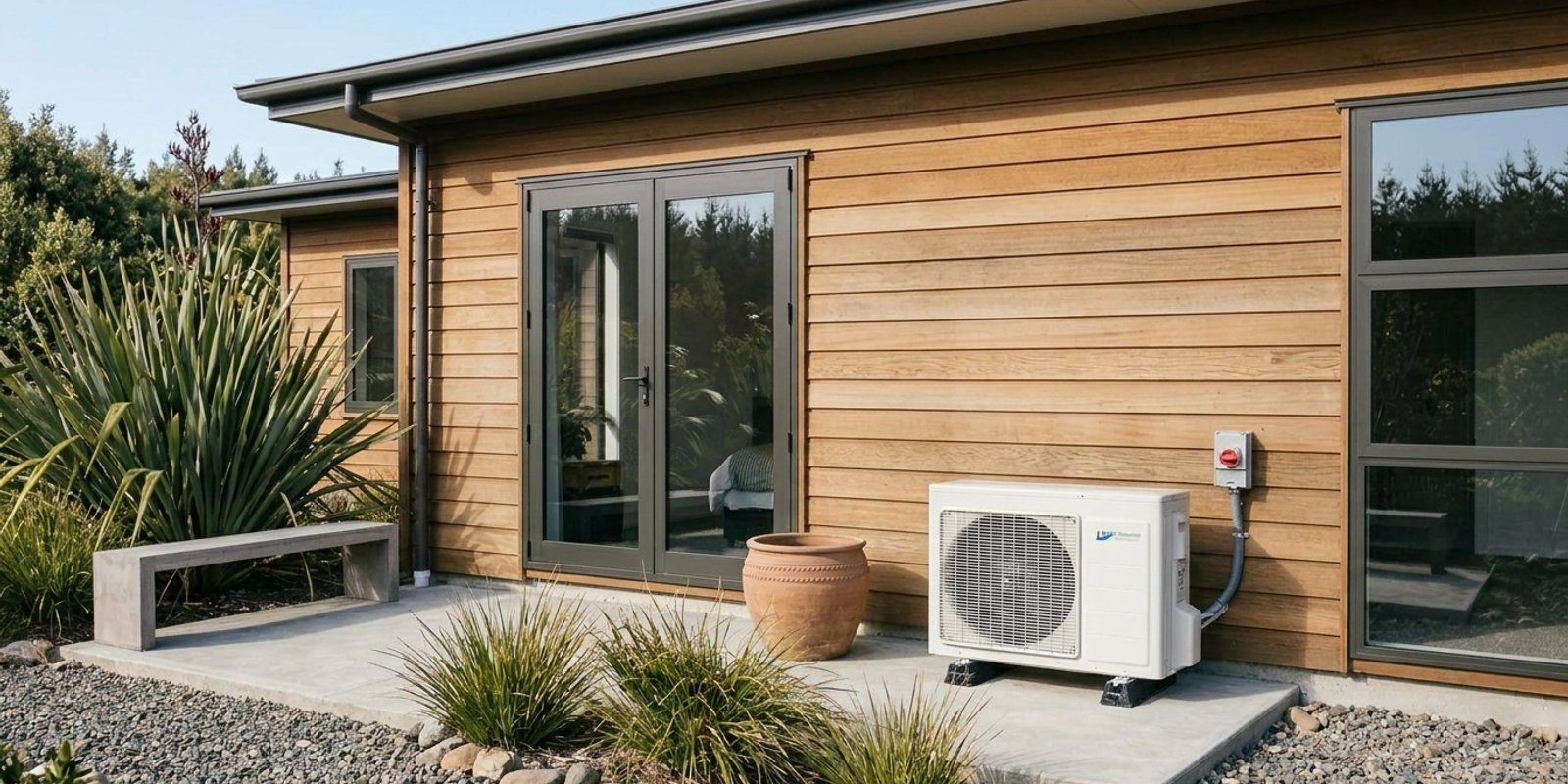 White heat pump outdoor unit with a red isolator switch beside a timber-clad house on a concrete patio with native plants