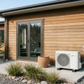 White heat pump outdoor unit with a red isolator switch beside a timber-clad house on a concrete patio with native plants